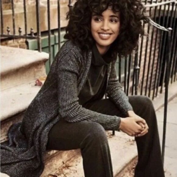 Cabi 3530 Black Gray Marled Stripe Knit Lagenlook Open Cloak Cardigan Sweater - Picture 2 of 16